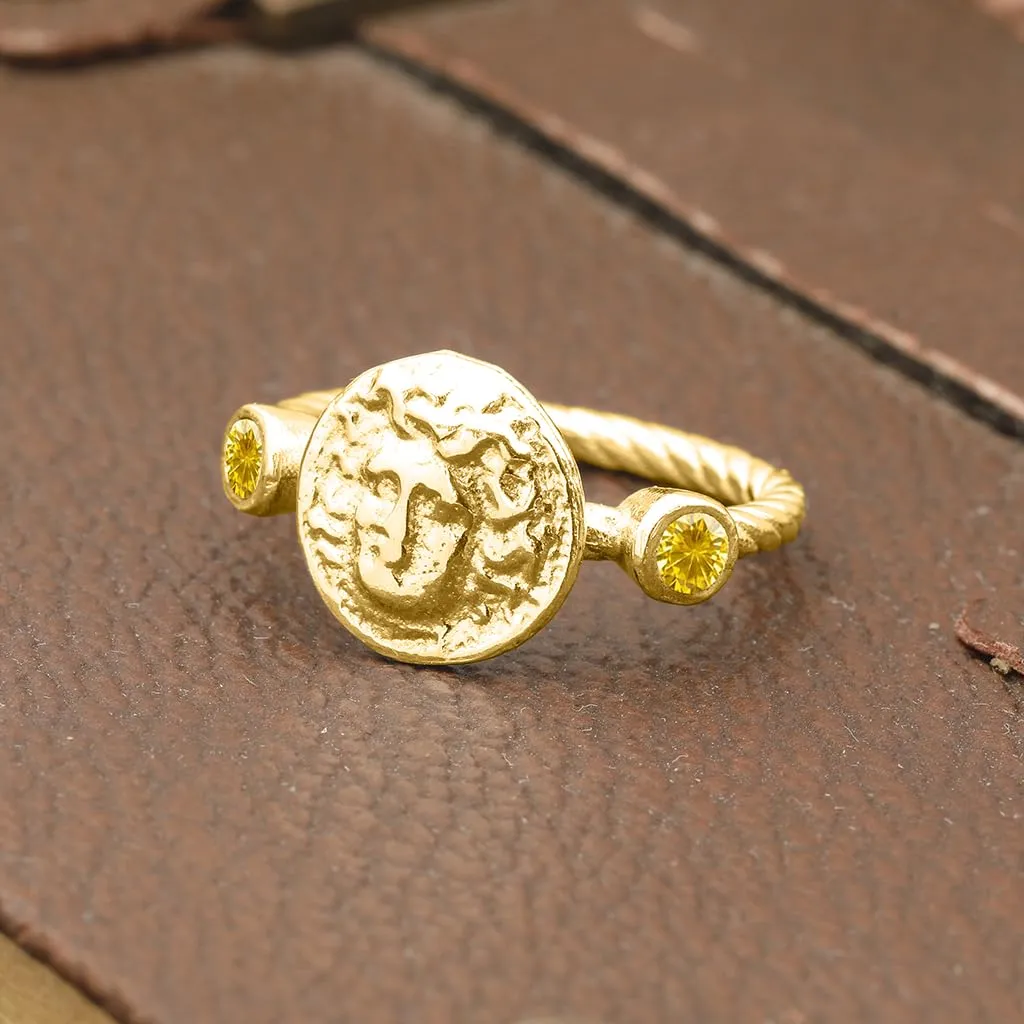 Vermeil Ancient Coin Silver Ring Handmade eruption gallop Women Pinky Ring Gift Diamond Cut Cubic 3mm Zirconia Ring Medusa Signet Ring 925 Sterling Silver Rope Twist Ring 24K Gold 