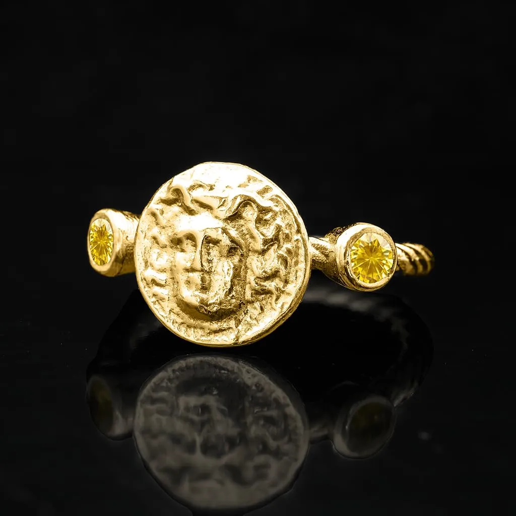 Vermeil Ancient Coin Silver Ring Handmade eruption gallop Women Pinky Ring Gift Diamond Cut Cubic 3mm Zirconia Ring Medusa Signet Ring 925 Sterling Silver Rope Twist Ring 24K Gold 