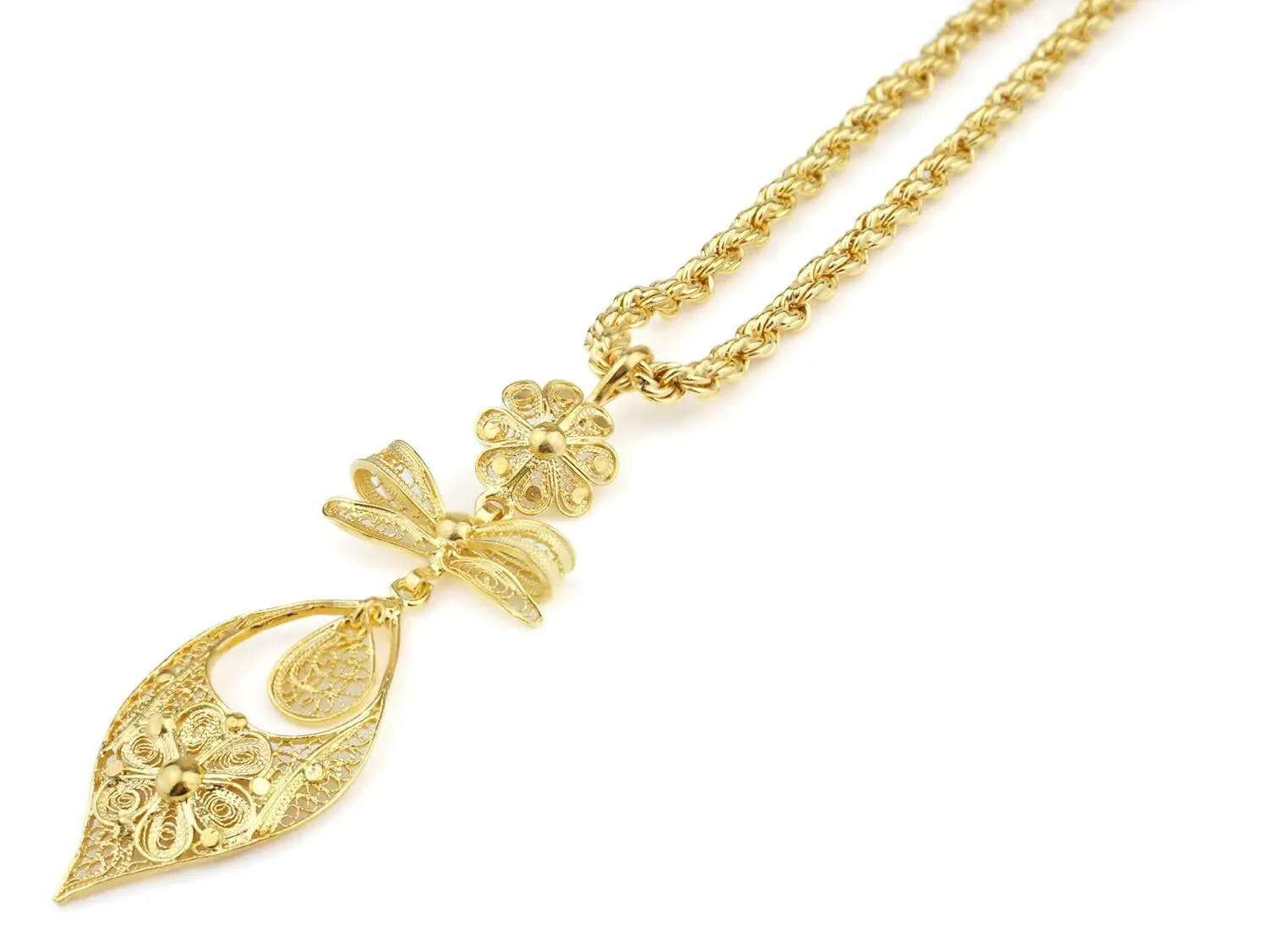 w/ 24k Gold Bath Portuguese Princess Rich Filigree Medium establishment hat nitrate Size Pendant with "Corda" Necklace$ 925 Sterling Silver 