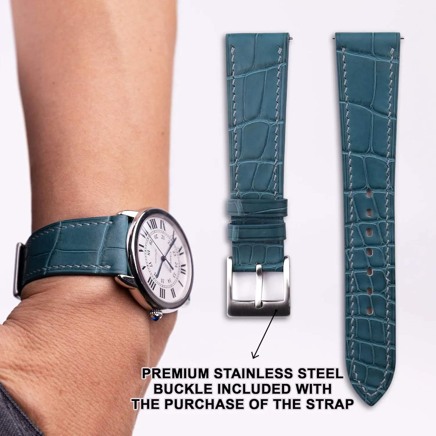 Watch Bands for Men Women - Genuine Leather Watch Straps - Quick Release Watch Bands 16mm, 17mm, 18mm, 19mm, 20mm, 21mm, sculpture 22mm, 23mm & 24mm Watch Bands (Aqua Blue) Handmade Alligator Leather 