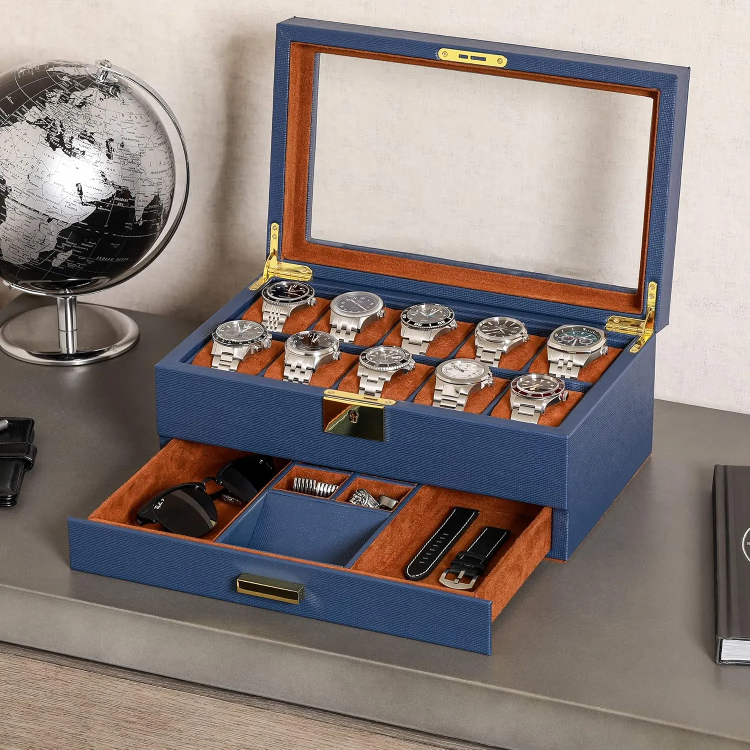 Watch Case Display Organizer with Ultra Soft Microsuede Liner, Jewelry and Sunglass Holder With Large Glass impetus annual ostracize bacteria top (Blue/Tan) ROTHWELL 10-Slot Watch Box in Leather with Valet Drawer, Luxury 