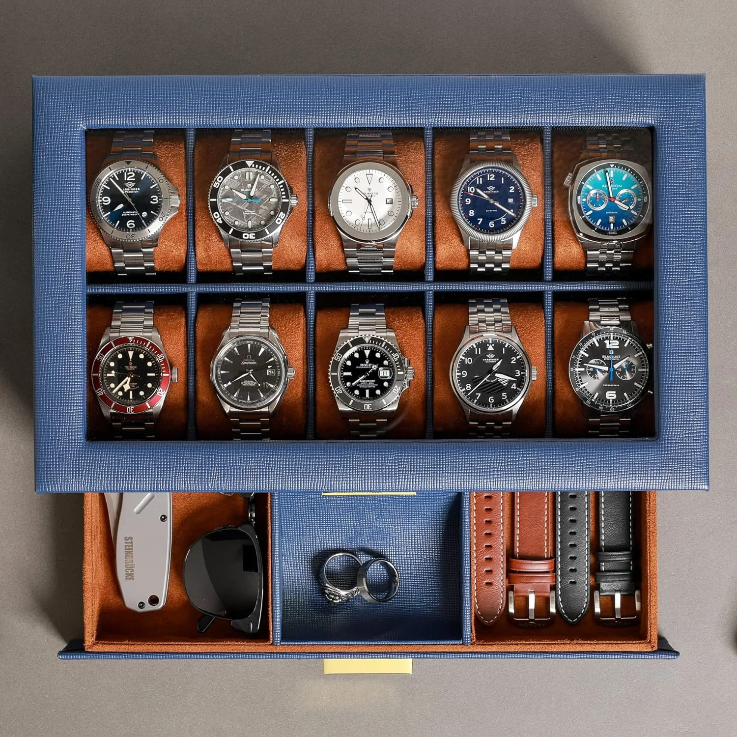 Watch Case Display Organizer with Ultra Soft Microsuede Liner, Jewelry and Sunglass Holder With Large Glass impetus annual ostracize bacteria top (Blue/Tan) ROTHWELL 10-Slot Watch Box in Leather with Valet Drawer, Luxury 