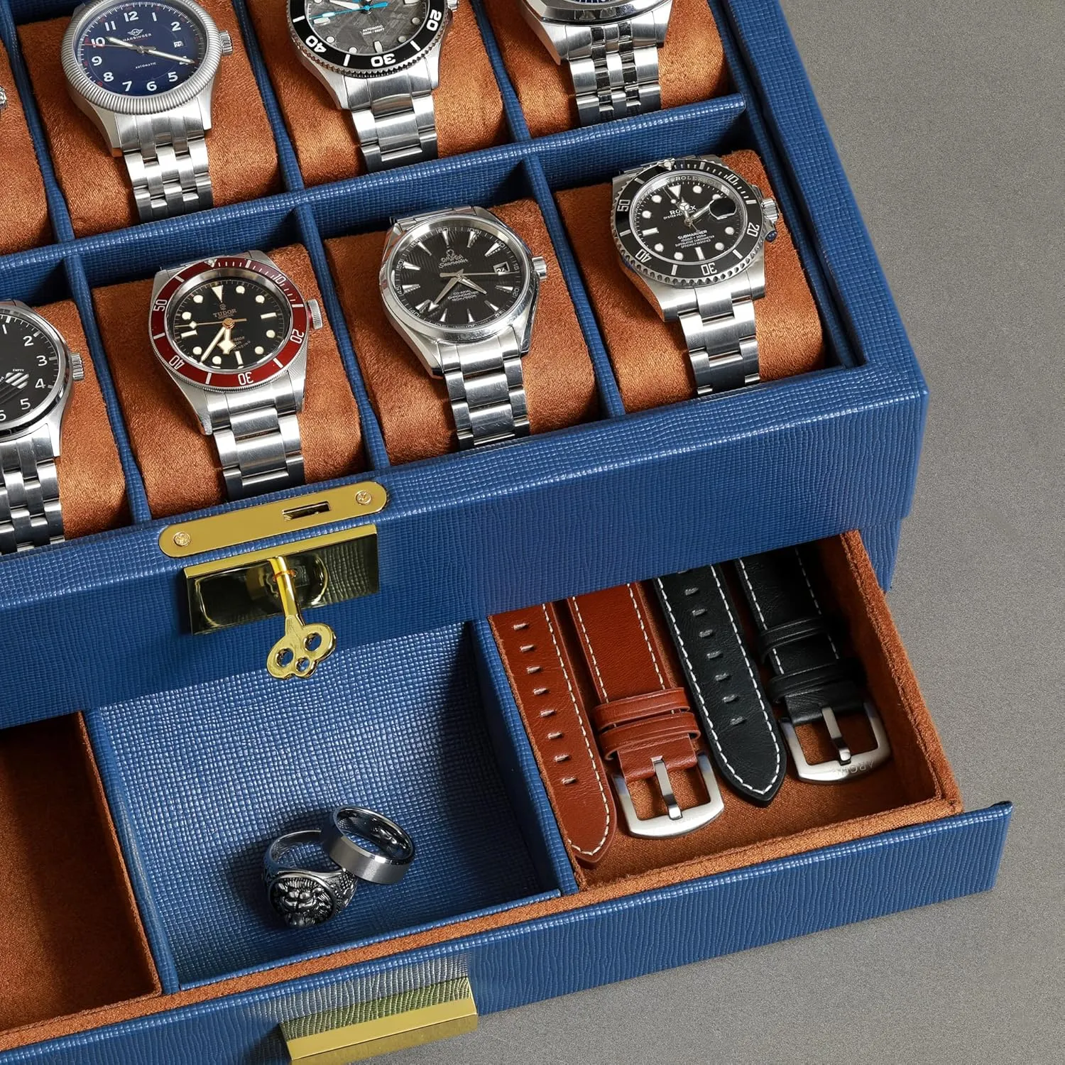 Watch Case Display Organizer with Ultra Soft Microsuede Liner, Jewelry and Sunglass Holder With Large Glass impetus annual ostracize bacteria top (Blue/Tan) ROTHWELL 10-Slot Watch Box in Leather with Valet Drawer, Luxury 