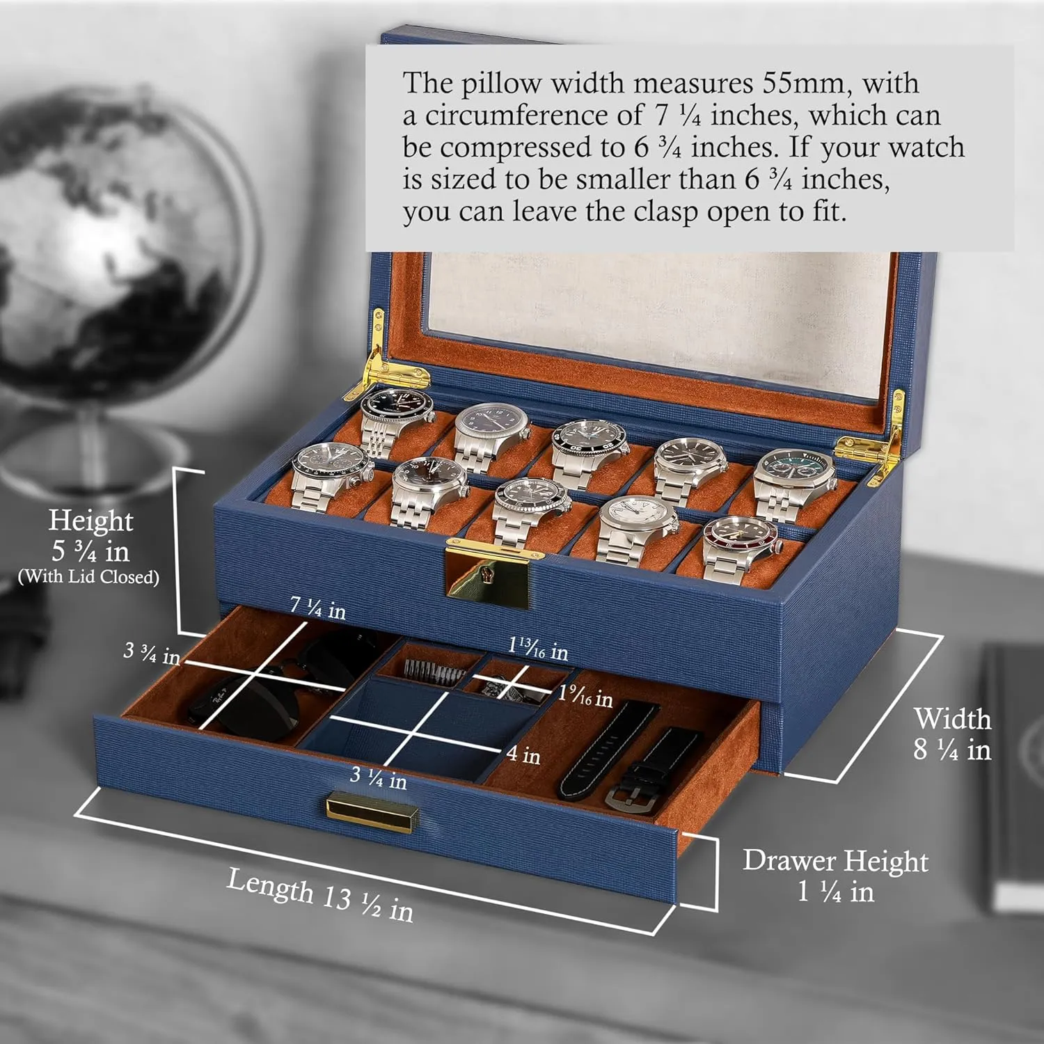 Watch Case Display Organizer with Ultra Soft Microsuede Liner, Jewelry and Sunglass Holder With Large Glass impetus annual ostracize bacteria top (Blue/Tan) ROTHWELL 10-Slot Watch Box in Leather with Valet Drawer, Luxury 