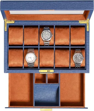 Watch Case Display Organizer with Ultra Soft Microsuede Liner, Jewelry and Sunglass Holder With Large Glass impetus annual ostracize bacteria top (Blue/Tan) ROTHWELL 10-Slot Watch Box in Leather with Valet Drawer, Luxury 