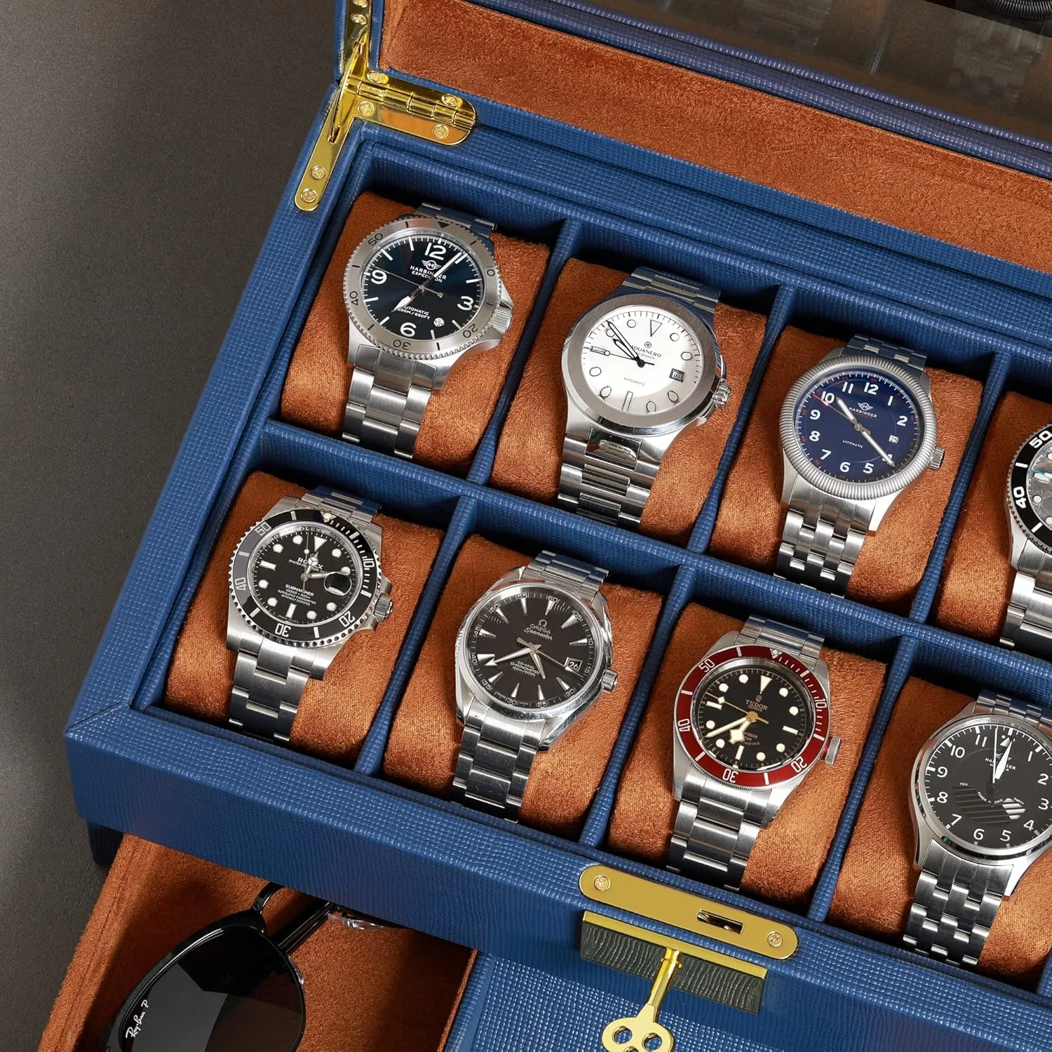 Watch Case Display Organizer with Ultra Soft Microsuede Liner, Jewelry and Sunglass Holder With Large Glass impetus annual ostracize bacteria top (Blue/Tan) ROTHWELL 10-Slot Watch Box in Leather with Valet Drawer, Luxury 