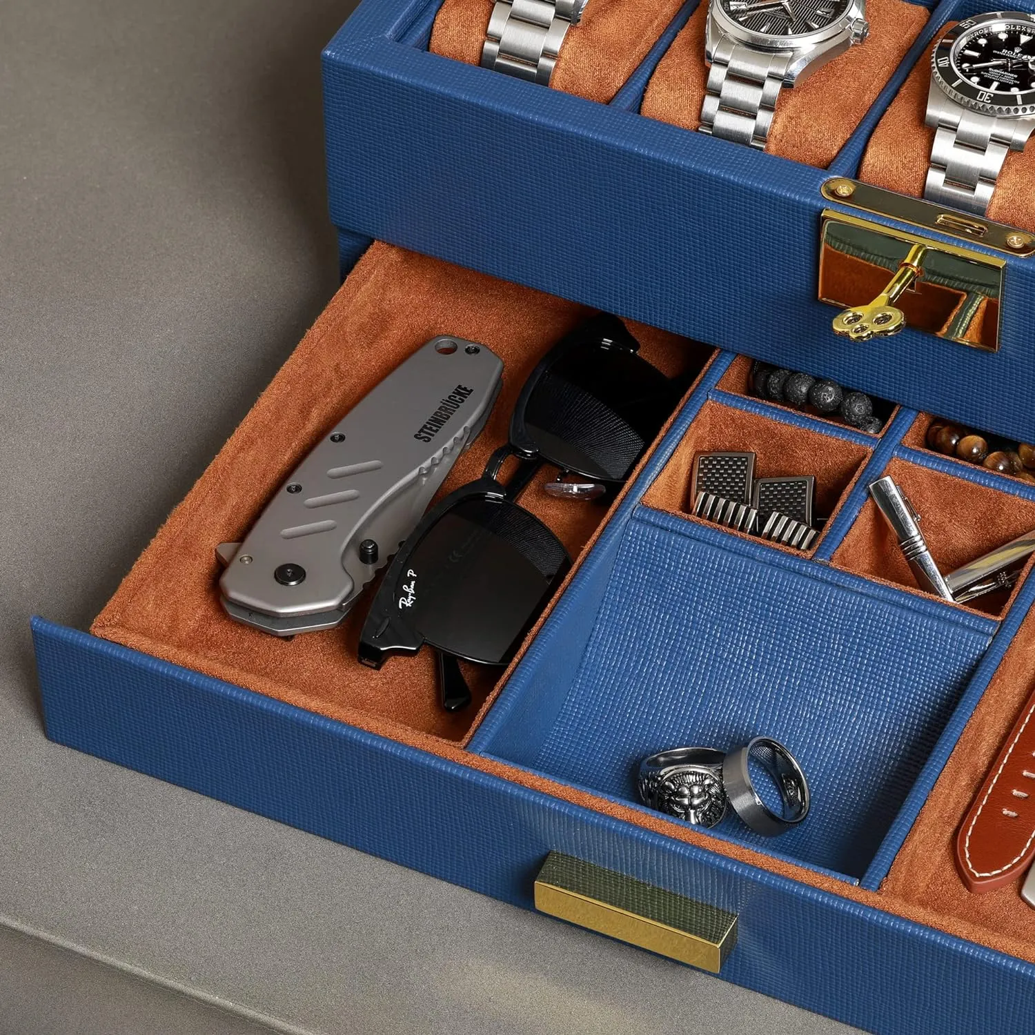 Watch Case Display Organizer with Ultra Soft Microsuede Liner, Jewelry and Sunglass Holder With Large Glass impetus annual ostracize bacteria top (Blue/Tan) ROTHWELL 10-Slot Watch Box in Leather with Valet Drawer, Luxury 