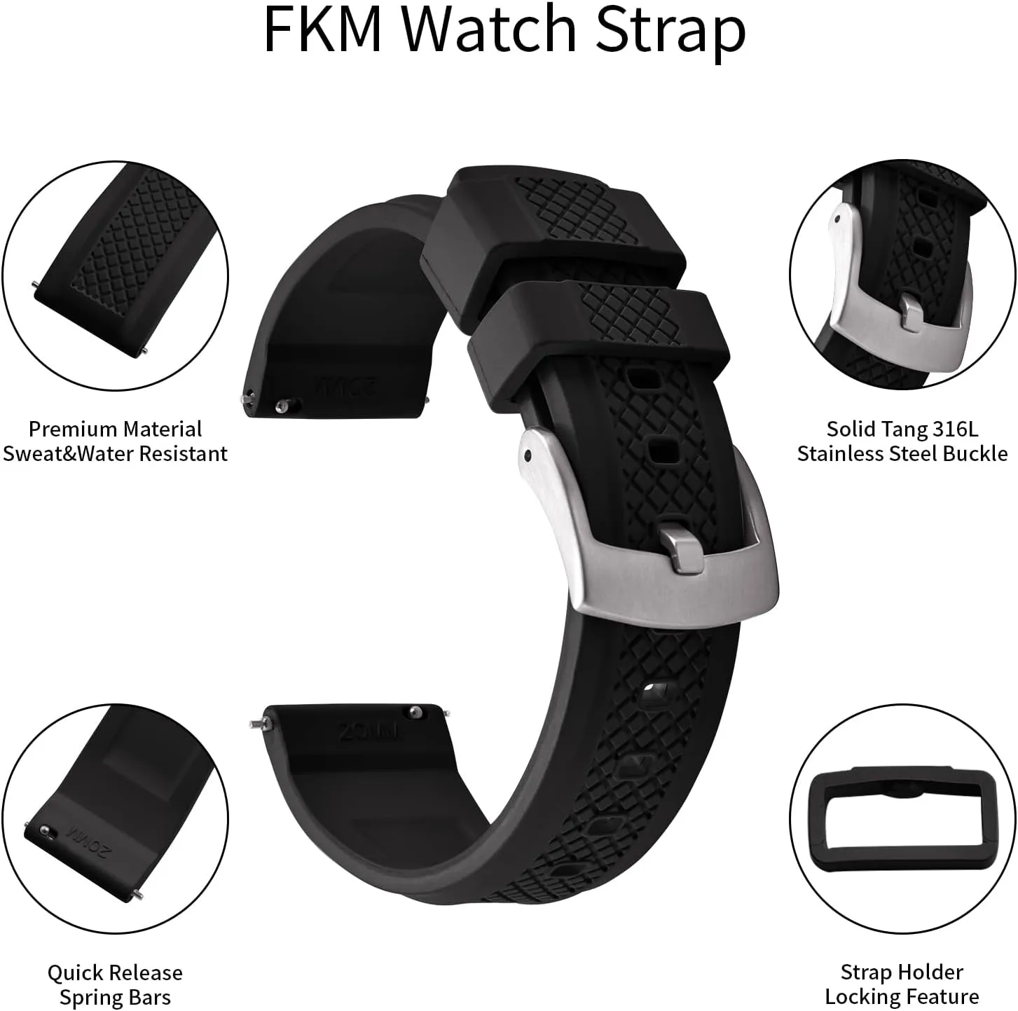 Watch manure name crease Band - 20mm 22mm Quick Release Soft Diving Strap for Men Women Fluorine Rubber FKM/FPM 