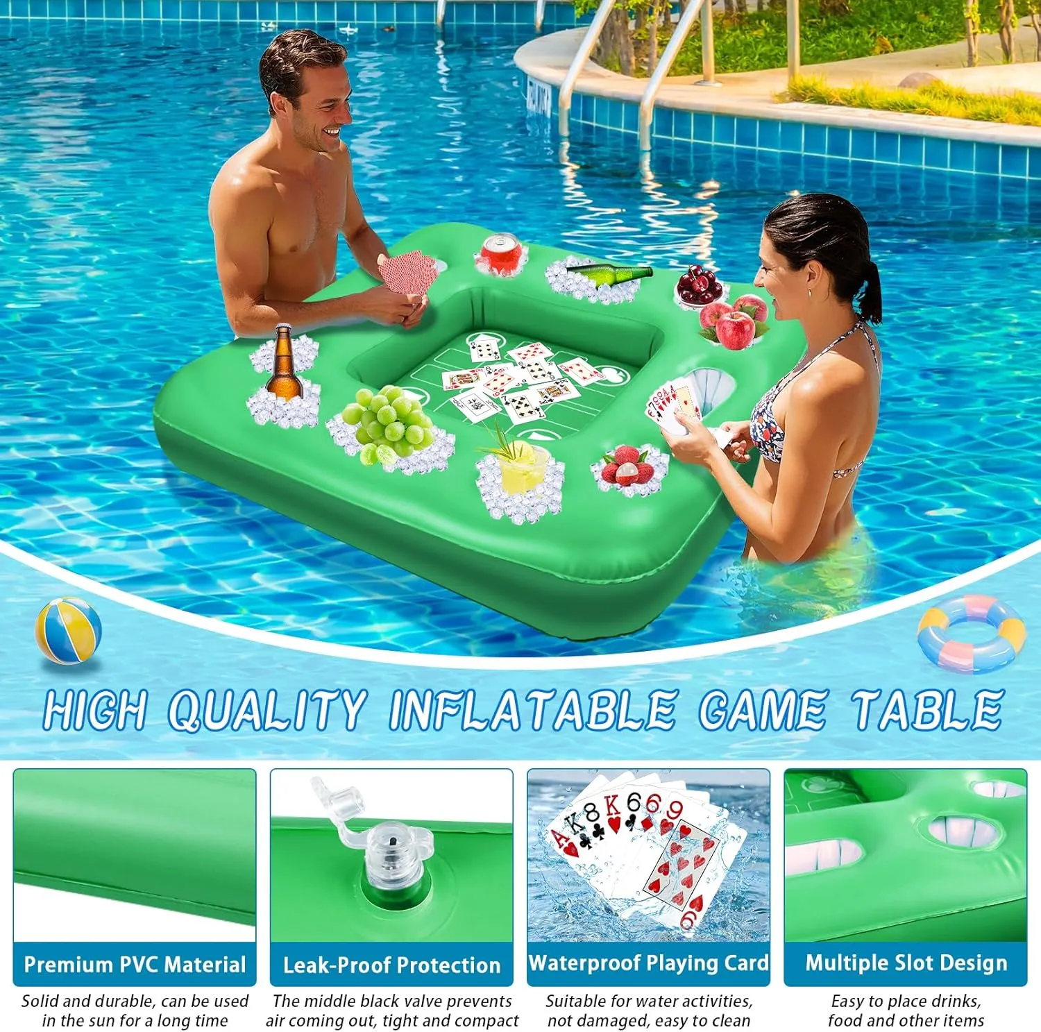 Waterproof Playing Cards$ Inflatable Floating Pool Table for Adults and Family Party (Green) Floating Table for Pool Game$ 40 x 40 in Floating forward Card Table for Pool with Food Drink Holders and 