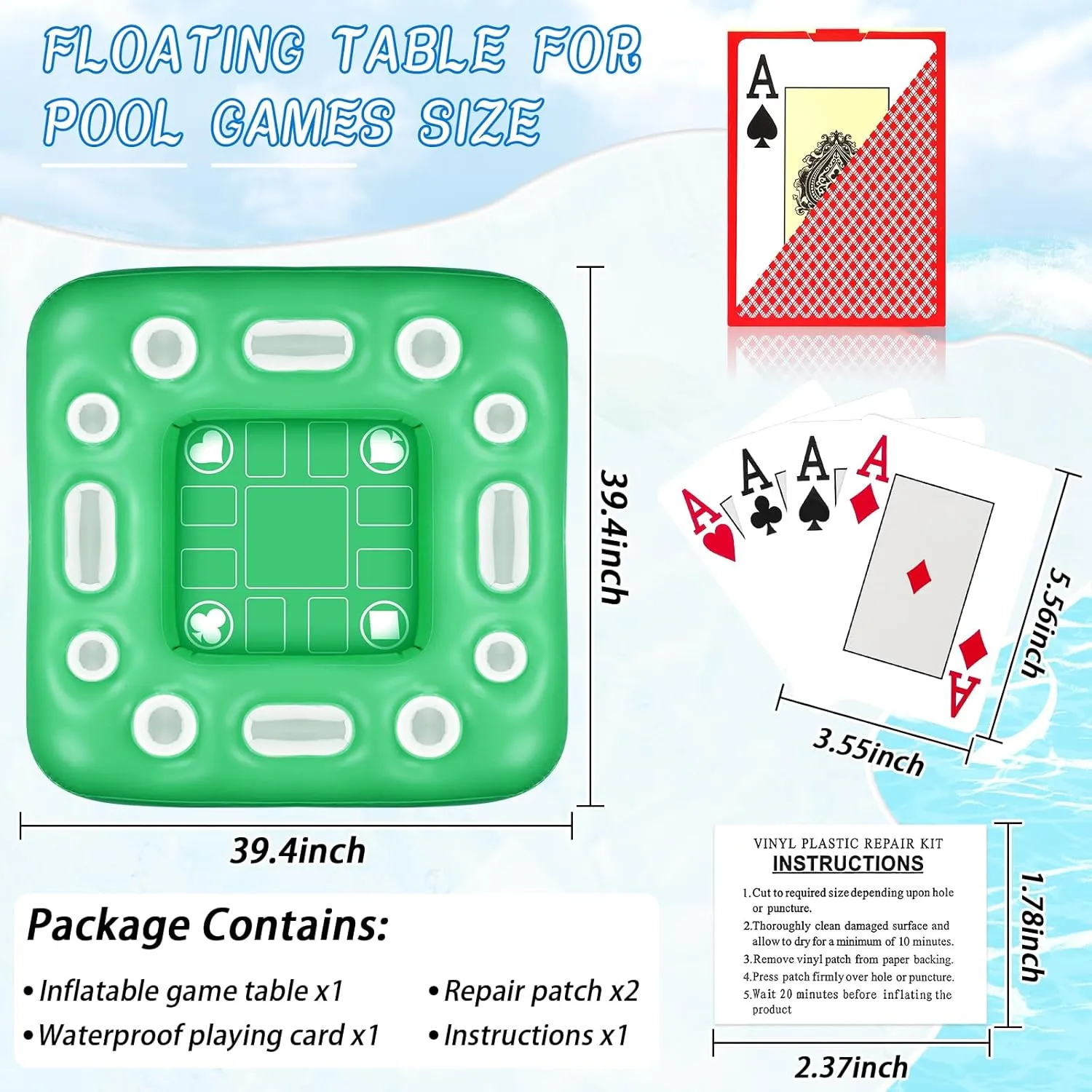 Waterproof Playing Cards$ Inflatable Floating Pool Table for Adults and Family Party (Green) Floating Table for Pool Game$ 40 x 40 in Floating forward Card Table for Pool with Food Drink Holders and 