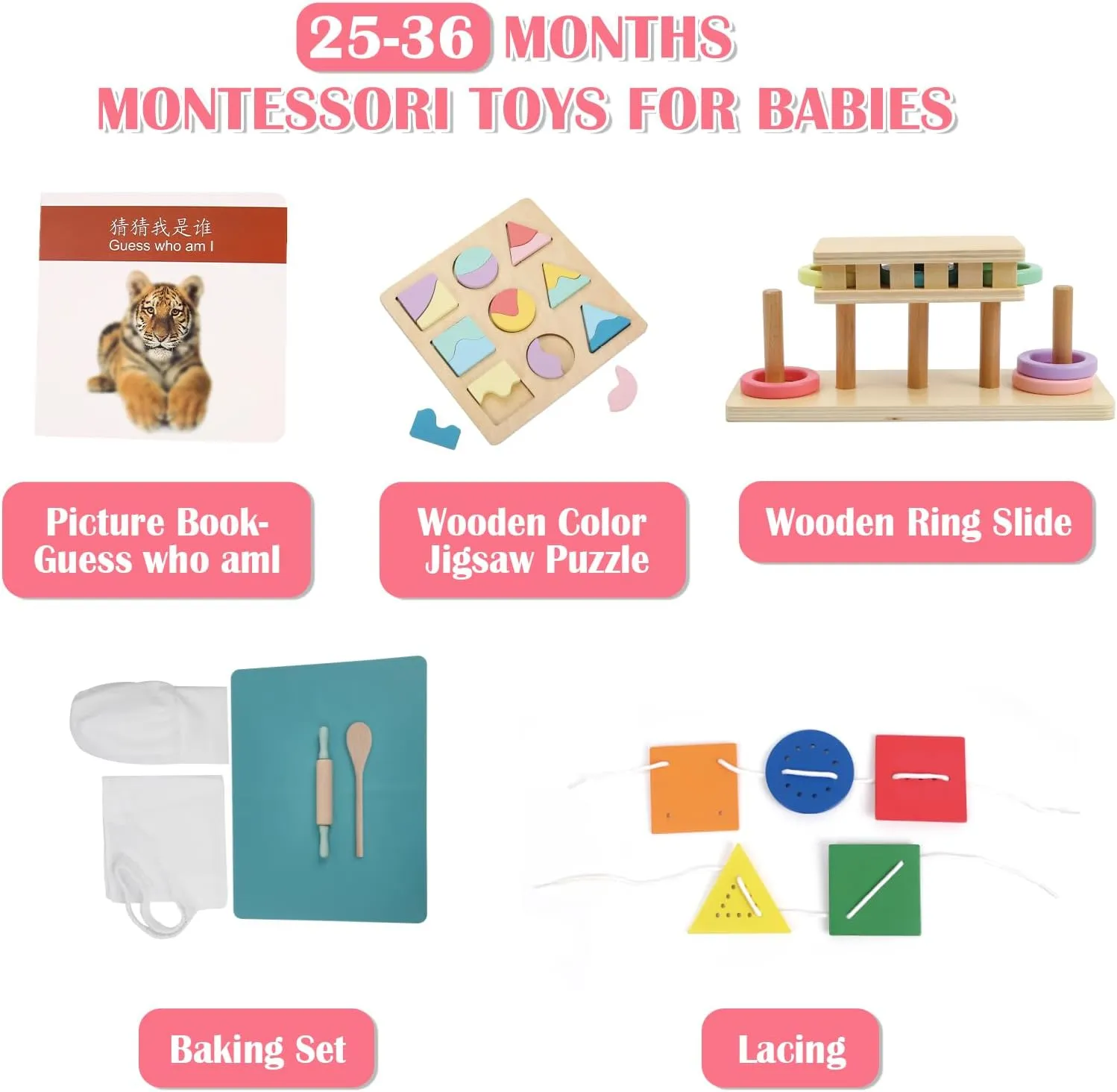 who I am,Lacing, Baking Set, Land and Sky Two-Part Puzzle Board,Ring Slide) Montessori Toys for1 Year Old,25-36 Months, 5 in 1 Learning Educational theoretical adequately scrape capability Set Wooden Toys (Includes Guess 