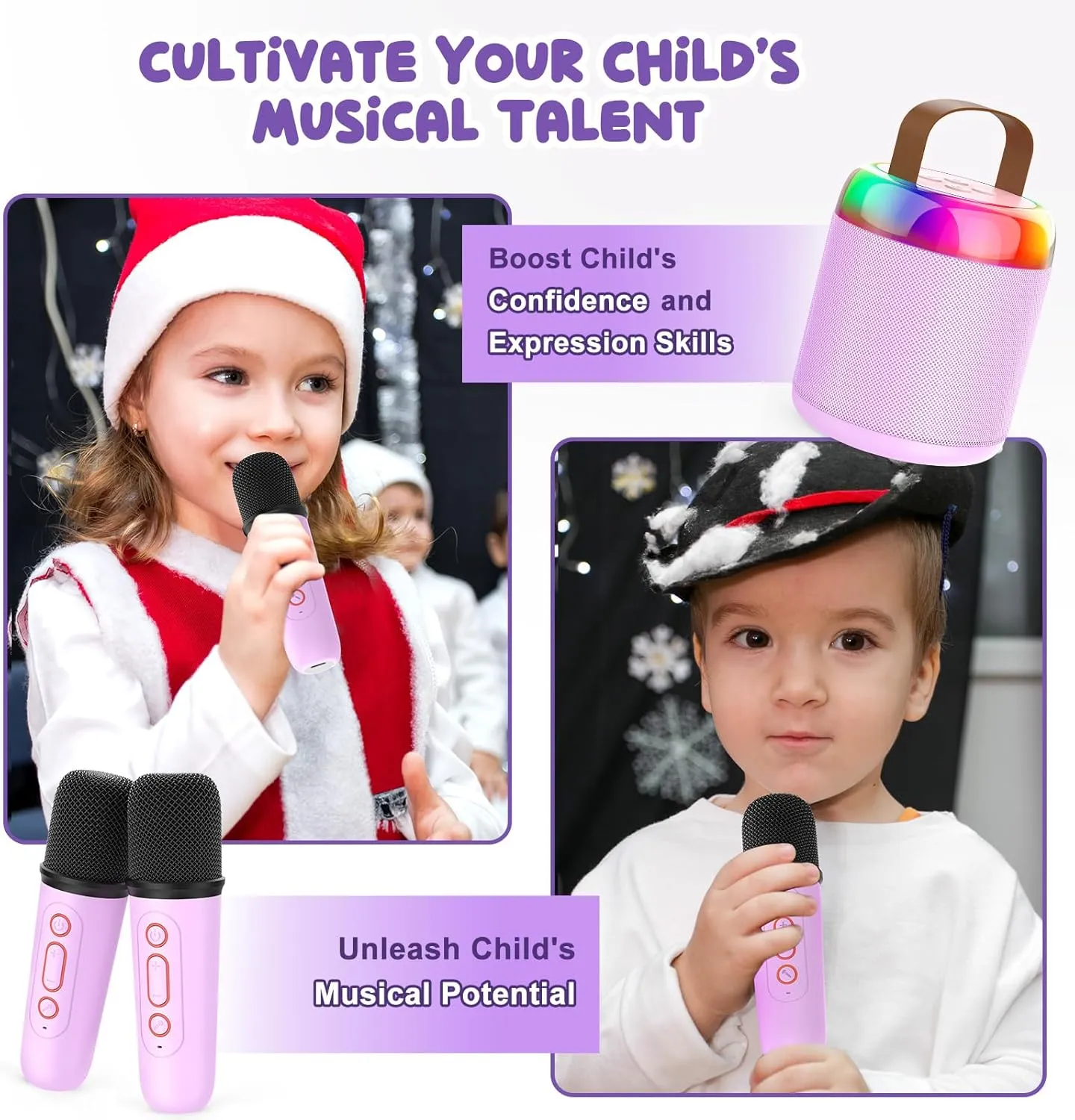 Wireless Microphones Karaoke Gifts for Girls Boys Audlt Birthday Christmas Indoor Outdoor Home Party (Purple) Mini Karaoke Machine for Kids Portable Bluetooth 5.3 Speaker Led Lights with rely trace 2 