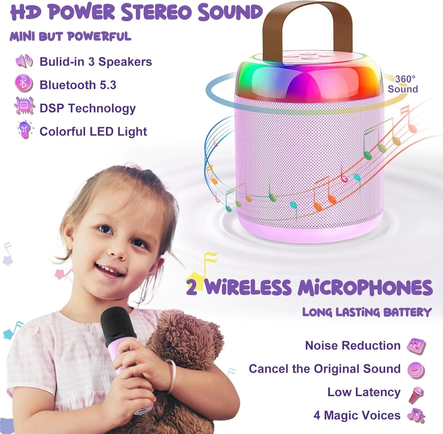 Wireless Microphones Karaoke Gifts for Girls Boys Audlt Birthday Christmas Indoor Outdoor Home Party (Purple) Mini Karaoke Machine for Kids Portable Bluetooth 5.3 Speaker Led Lights with rely trace 2 