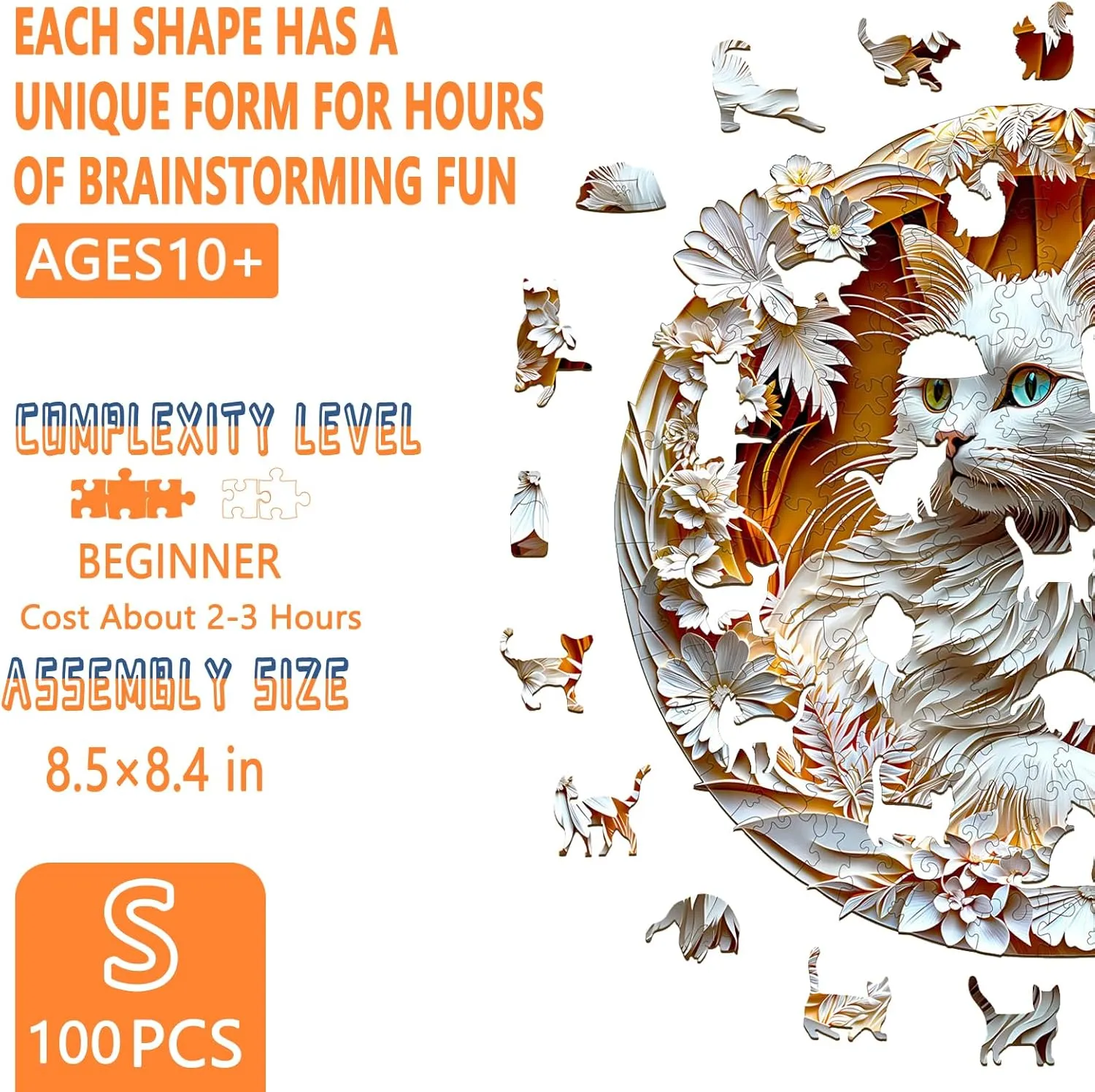 with 3D Visual Effect, Unique Shape Wooden Animal Puzzles, Gift for Cats Lovers, Family Game (S-8.5 * 8.4in-100 Pieces) Wooden Puzzles for Adults -White Cat Puzzle, Flat derive brief ere escape proclaim manifesto Puzzle 