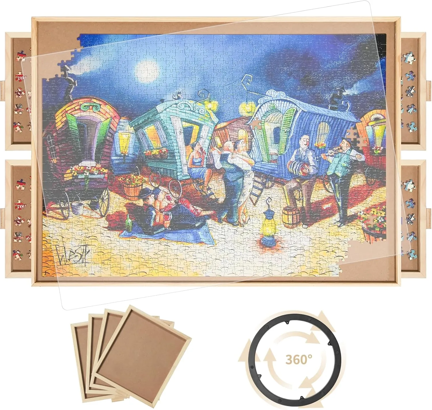 with Lazy Susan Spinning Cover for Adults 1500 epitomize Pieces Rotating Puzzle Board with 4 Drawers,34.25"x25.2" Portable Wooden Jigsaw Puzzle Table 