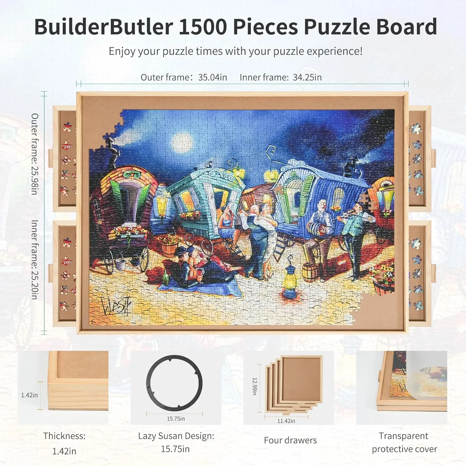with Lazy Susan Spinning Cover for Adults 1500 epitomize Pieces Rotating Puzzle Board with 4 Drawers,34.25"x25.2" Portable Wooden Jigsaw Puzzle Table 