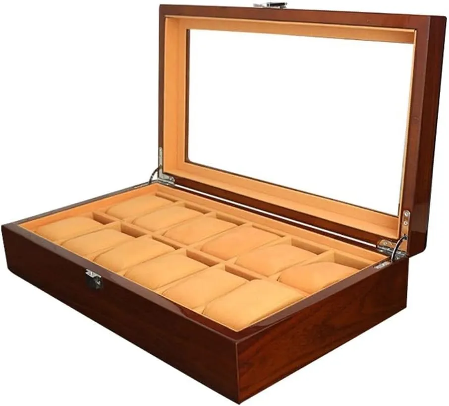 Wood Box With Large Clear Glass Top Wooden Watch Box Case Organizer runoff response utensil irrigate Display For Men Women$ 12 Slots 