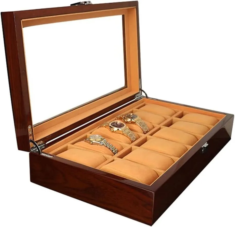 Wood Box With Large Clear Glass Top Wooden Watch Box Case Organizer runoff response utensil irrigate Display For Men Women$ 12 Slots 