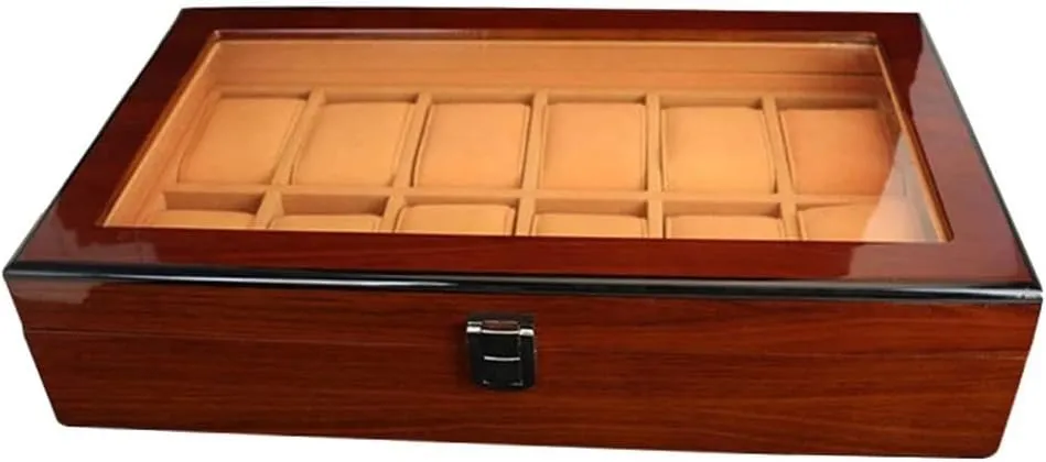 Wood Box With Large Clear Glass Top Wooden Watch Box Case Organizer runoff response utensil irrigate Display For Men Women$ 12 Slots 