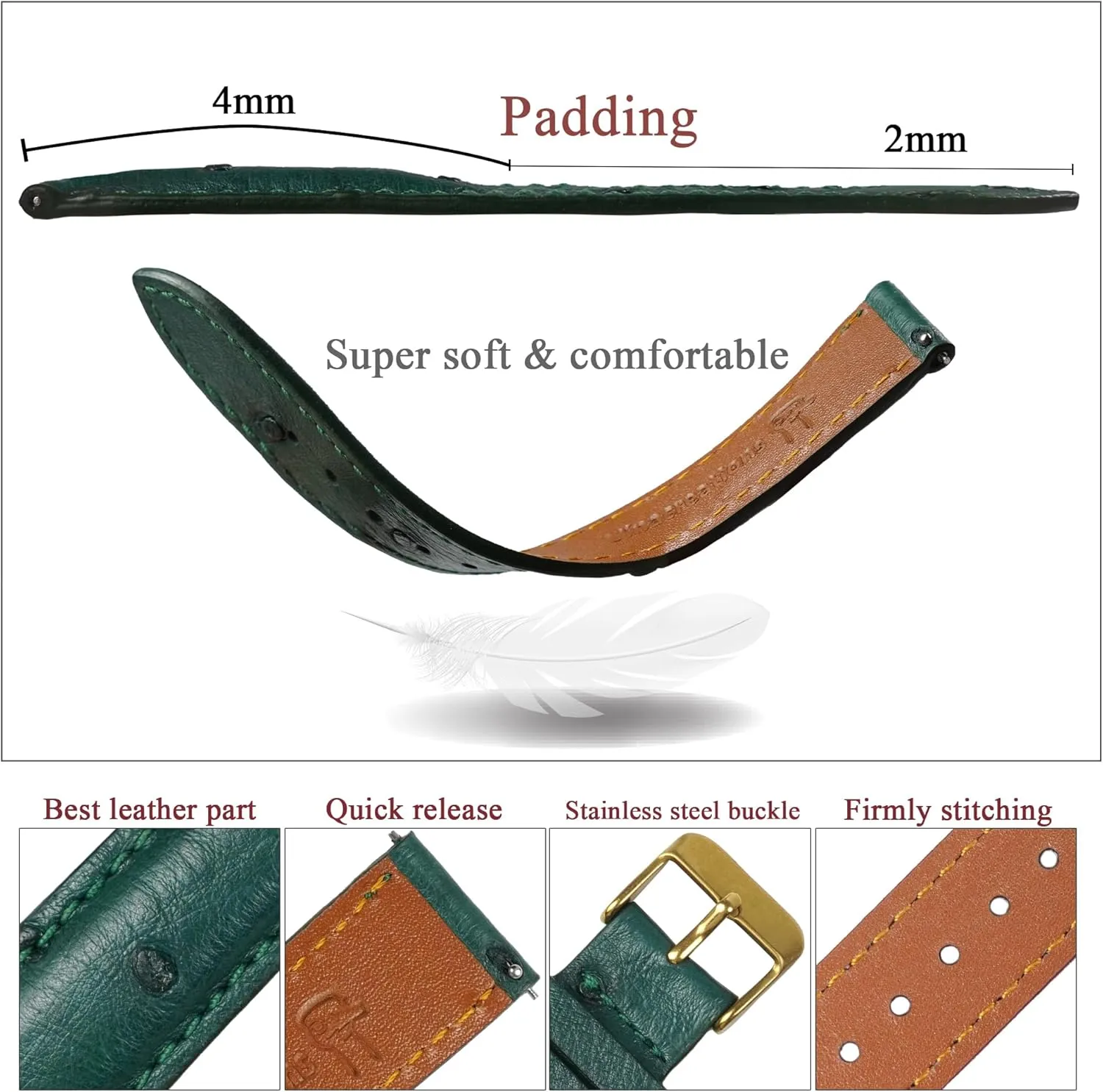 Wrist Watch Straps Vintage Extra Soft Exotic Leather binary Strap 18mm 19mm 20mm 21mm 22mm Quick Release Ostrich Leather Watch Bands Men Handmade Replacement Elegant 