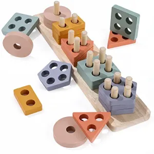 WTUST Montessori Toys for 1 2 3 Years Old Boys Girls,Toddler Learning Educational Wooden Sorting & Stacking Toys,Shape Sorter Color Stacker Toy