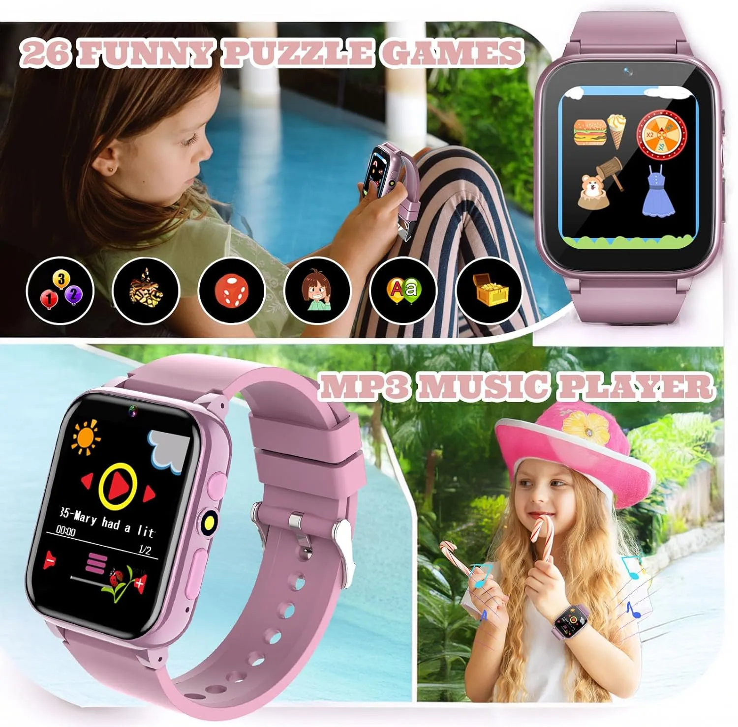 Years Children Birthday (Pink) 1.69'' Kids Smart Watch,Boys Girls Smartwatch, vivid Pedomter 26 Puzzle Games Camera Video Music Player Flashlight Alarm Clock,4-12 