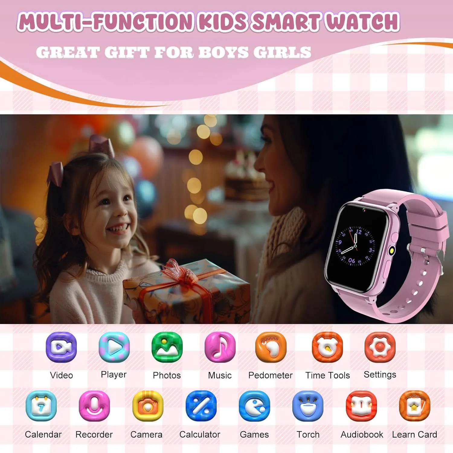 Years Children Birthday (Pink) 1.69'' Kids Smart Watch,Boys Girls Smartwatch, vivid Pedomter 26 Puzzle Games Camera Video Music Player Flashlight Alarm Clock,4-12 