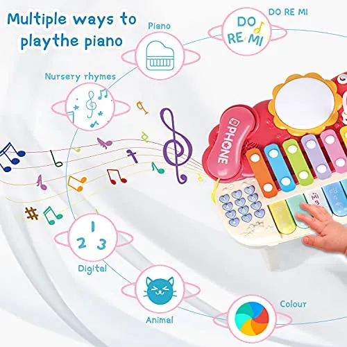 YL21001-RED Musical Toys for 1 year old Toddler Toy Piano Keyboard，4 in 1 Multi-Function Piano with Keyboard Piano，Light Xylophone，Hand Drum, Analog Call, etc.Best for Toddler Girls & Boys